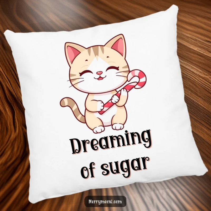 Funny Pillow: A cheerful cat holding a tiny candy cane, adding a touch of holiday sweetness to any room.