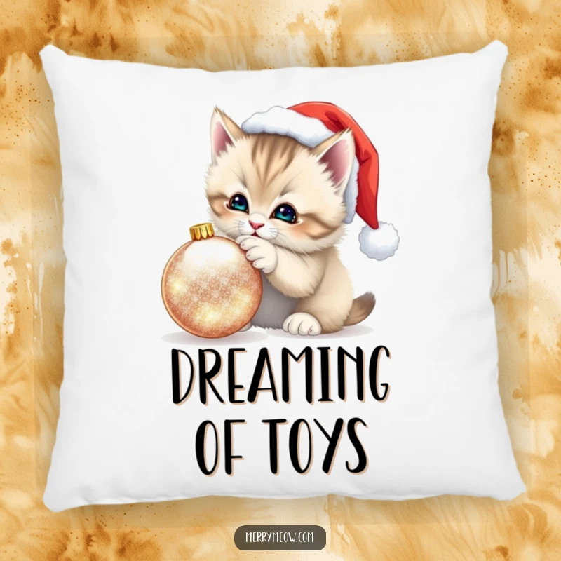 Funny Kitten Santa Hat Pillow: Soft pillow featuring a fluffy kitten in a Santa hat playfully batting at a shimmering ornament, perfect for comfort.