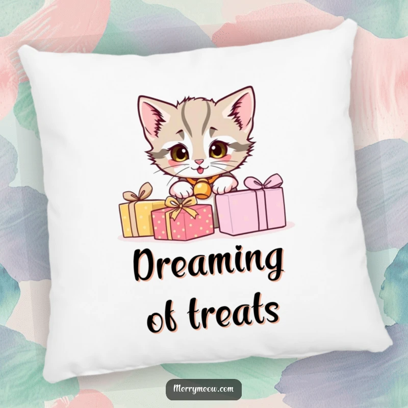 Funny pillow featuring a cute kitten peeking from behind gifts, perfect for adding comfort and humor to a sofa.