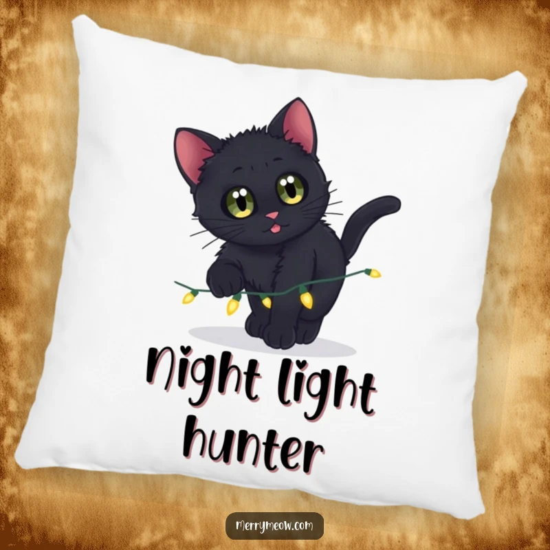 Funny pillow featuring a curious black kitten pouncing on twinkling lights, perfect for adding charm and comfort.