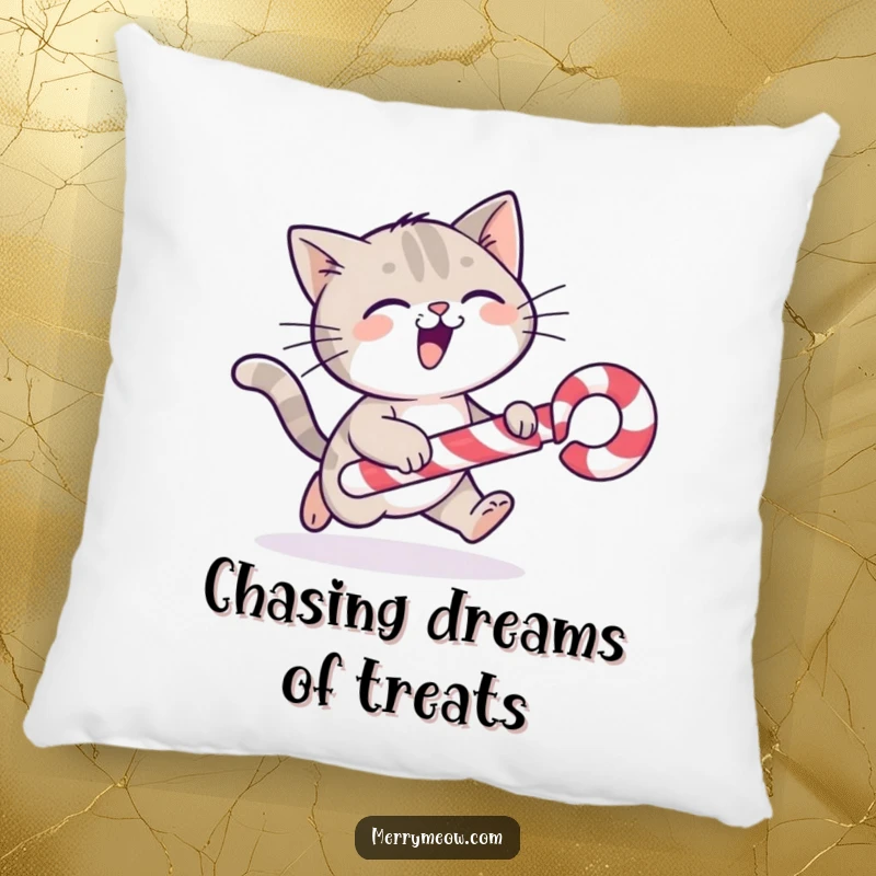 Funny cat character gleefully chasing a rolling candy cane, depicted on a plush decorative pillow.
