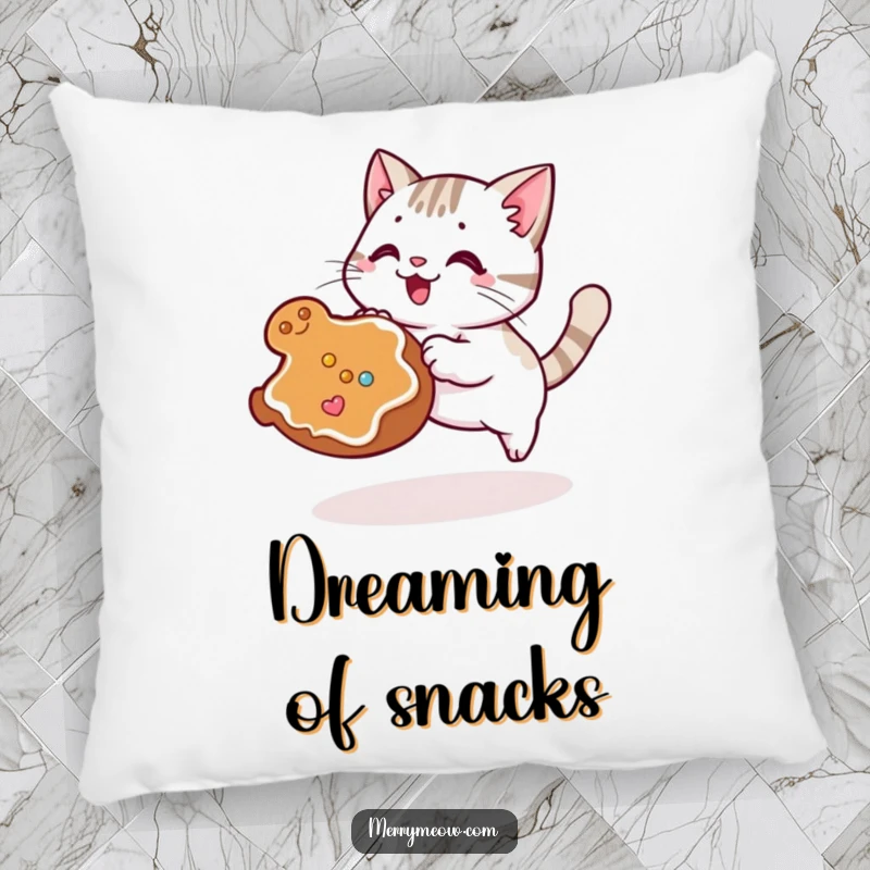 Funny Kawaii Cat Pillow showing a cute cat in mid-pounce, aiming for a rolling gingerbread cookie, soft and humorous.