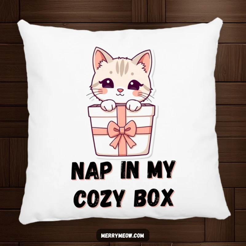 Funny pillow with an adorable cat peeking from a gift box, offering plush comfort and a charming visual surprise.