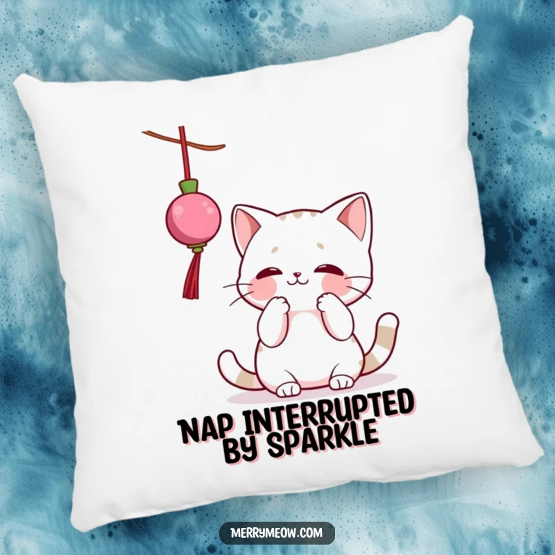 Funny pillow with a fluffy cat character playfully batting at a dangling Christmas ornament, adding a humorous and cozy touch to decor.