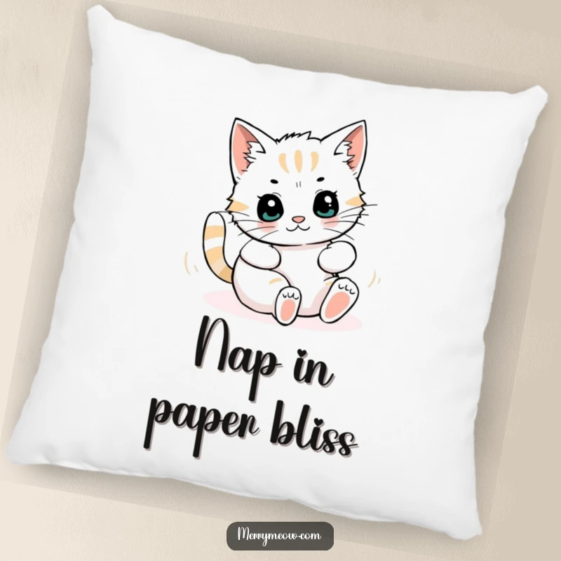 Funny pillow displaying a fluffy cat character blissfully tangled and rolling in a mountain of discarded wrapping paper, perfect for a humorous touch.