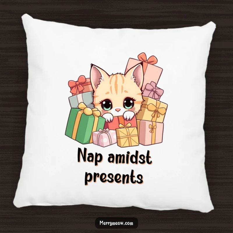 Funny pillow showcasing a curious cat peeking from holiday gifts, soft and festive.