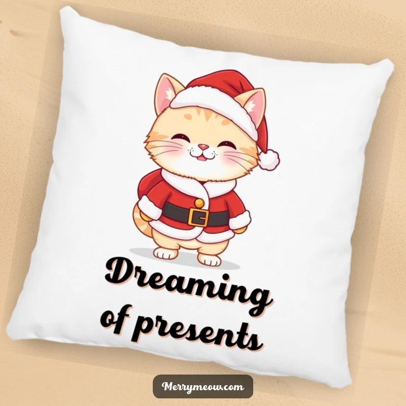Funny Kawaii Santa Cat Pillow featuring a cute cat in a Santa suit with a cheeky grin, offering comfort and humor.