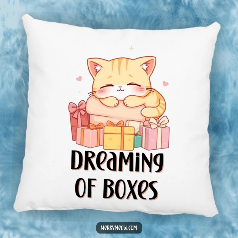 Funny pillow featuring a cat character happily napping on a pile of colorful gifts, radiating cozy holiday contentment.