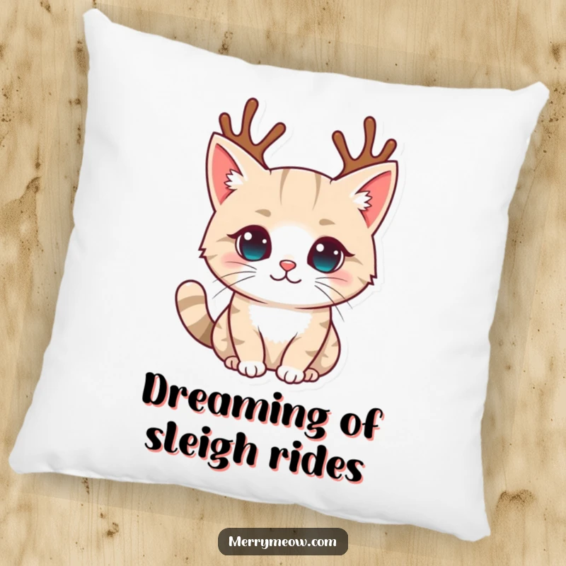 Funny pillow with a depiction of a cat character charmingly wearing tiny reindeer antlers, adding a festive and humorous touch to any room.