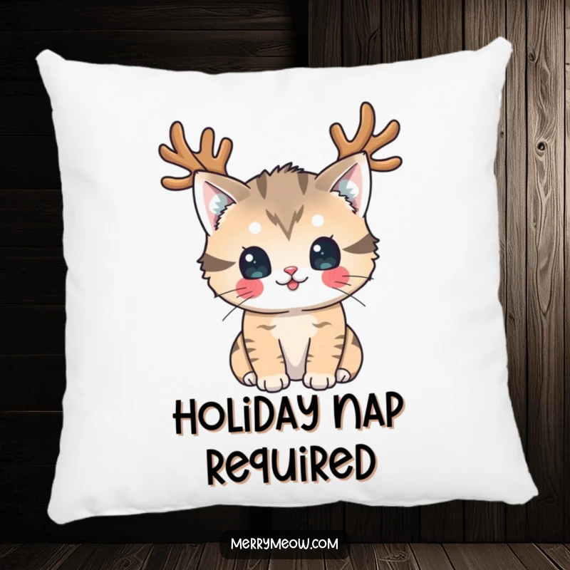 Funny Pillow: A playful cat wearing reindeer antlers looks at the viewer, exuding hilariously festive and cute holiday vibes.