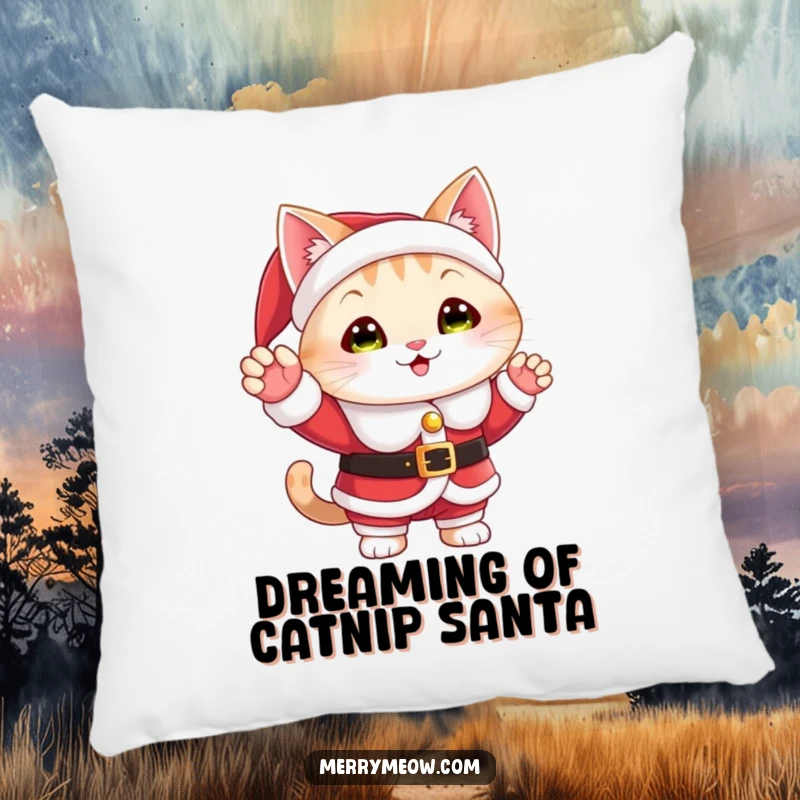 Funny decorative pillow with a cat in a Santa suit, waving a cheerful holiday greeting, adding festive charm.