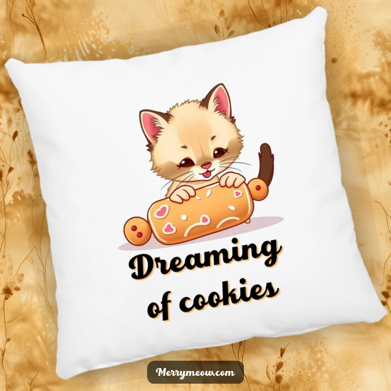 Funny pillow featuring a playful Siamese kitten batting at a gingerbread cookie, adding a touch of fun to any room.
