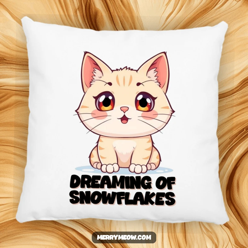 Funny pillow featuring a cat character with wide, excited eyes watching falling snow, adding cozy winter charm.