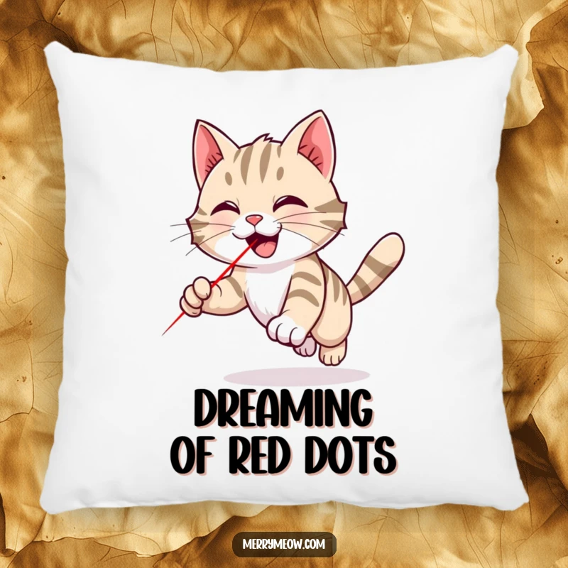 Funny tabby cat pillow featuring a cat playfully chasing a red laser dot, offering comfort and humorous feline action for any living space.