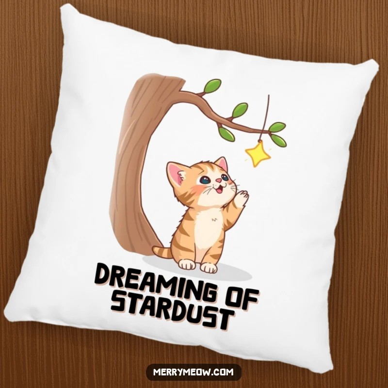 Funny pillow showcasing a playful tabby kitten leaping to catch a celestial star from a decorative tree, bringing cozy, whimsical vibes.
