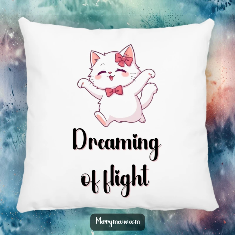 Funny white cat pillow featuring a fluffy cat in a festive bow, captured in a graceful leap, offering comfort and elegant humor.