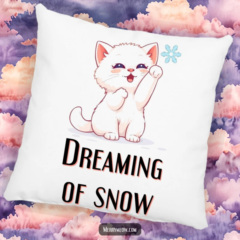 Funny pillow featuring a white kitten joyfully batting at a falling snowflake, perfect for cozy winter nights.