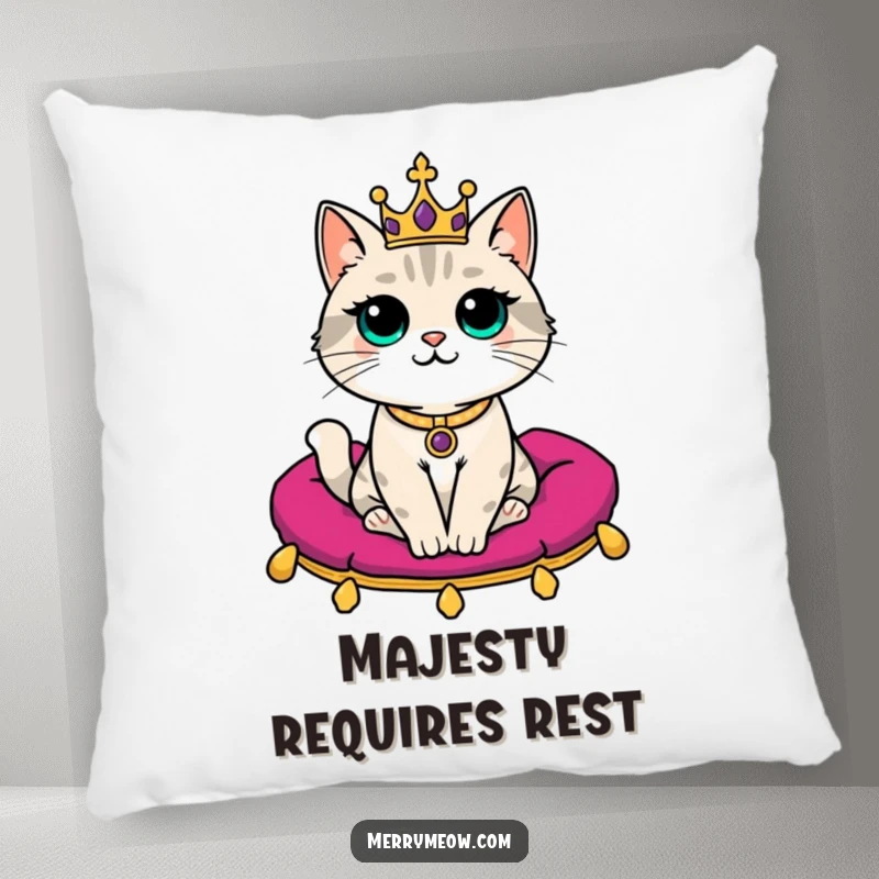Funny Pillow: A majestic cat with a miniature crown is depicted sitting regally on a plush velvet cushion, very funny.