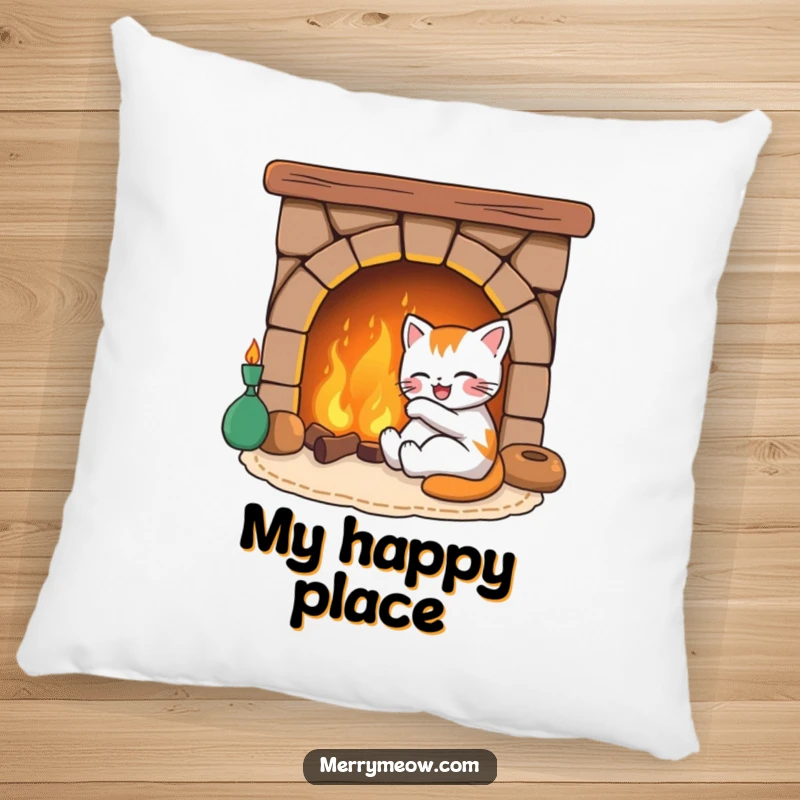 Funny pillow displaying a joyful cat figure nestled cozily next to a warm, inviting fireplace, offering ultimate comfort and humor.
