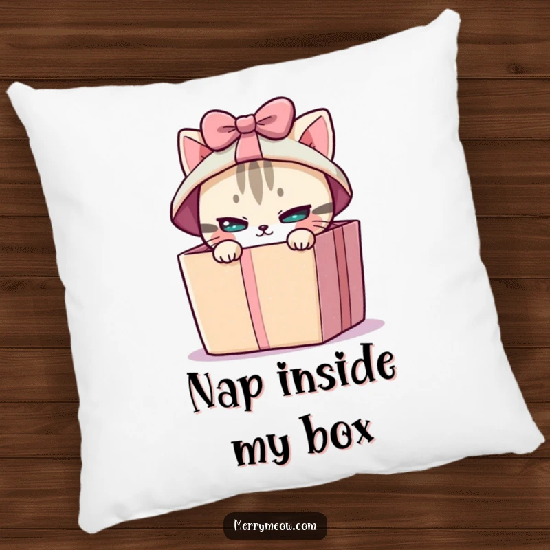 Funny pillow featuring a mischievous cat peeking from a brightly wrapped gift box, perfect for adding playful comfort.