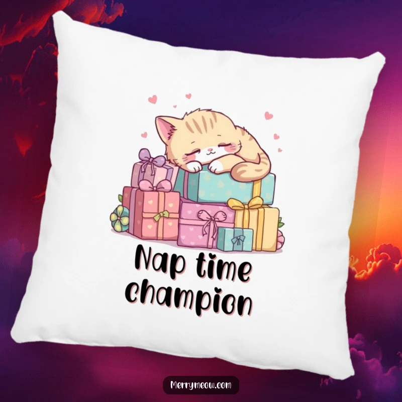 Funny kawaii cat napping peacefully on a pile of presents, a soft and comforting pillow.