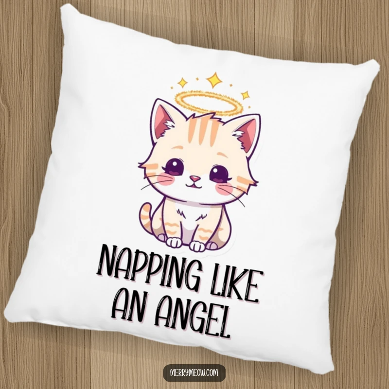 Funny pillow with a sacred cat wearing a shimmering tinsel halo, providing plush comfort and a touch of divine decor.
