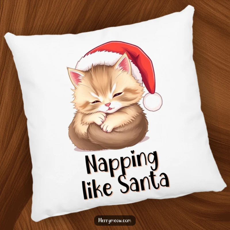 Funny pillow showcasing a content fluffy kitten tucked into a tiny Santa hat, radiating warmth and adorable holiday spirit.