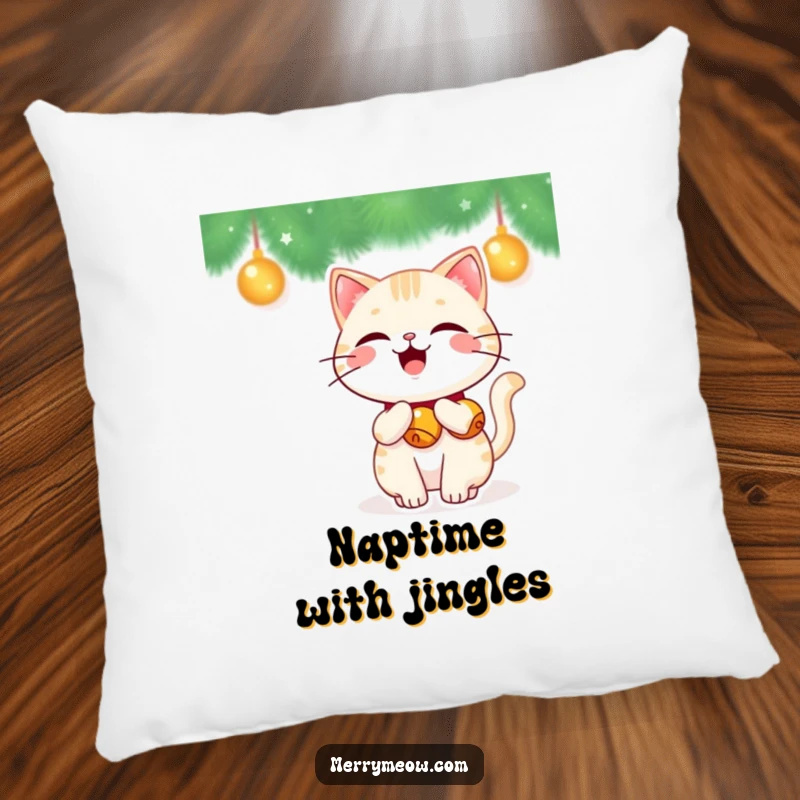 Funny Kawaii Cat Pillow featuring a cute cat with jingle bells on its tail, wagging happily, soft and festive.