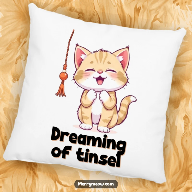 Funny kitten pillow, gleefully batting at dangling tinsel, offering comfort and a playful, festive addition to any space.
