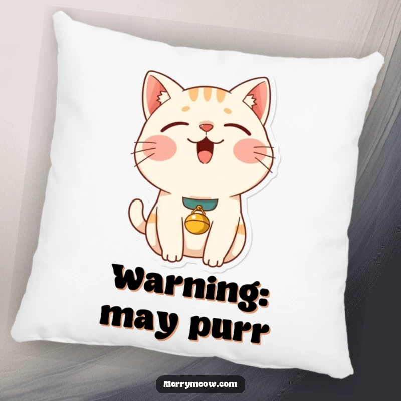 Funny content cat pillow showcasing a deeply purring cat with a small bell, offering comfort and humorous feline charm to any seating area.