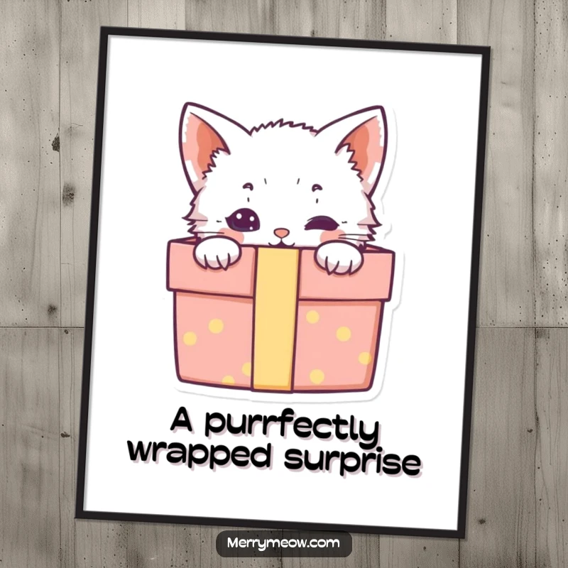 Funny digital art print of a cute kitten peeking out from a gift box, bringing instant adorable surprise.
