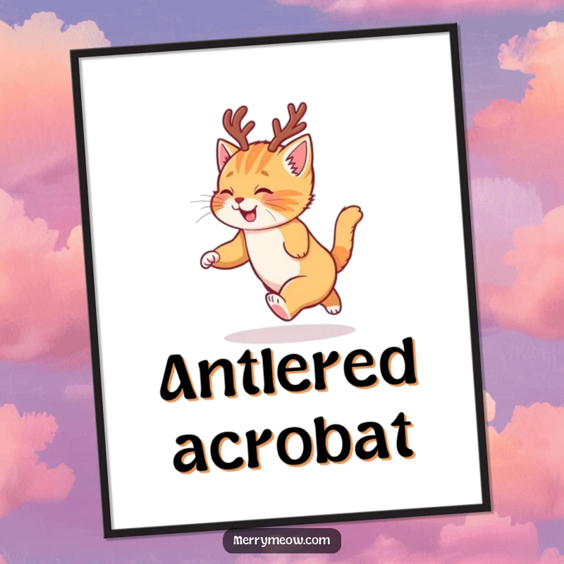 Funny digital art print of a ginger kitten in reindeer antlers chasing its tail, perfect for holiday decoration.