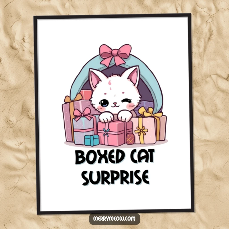 Funny present cat digital art print showing a mischievous cat peeking from under holiday gift boxes, perfect for festive sharing.