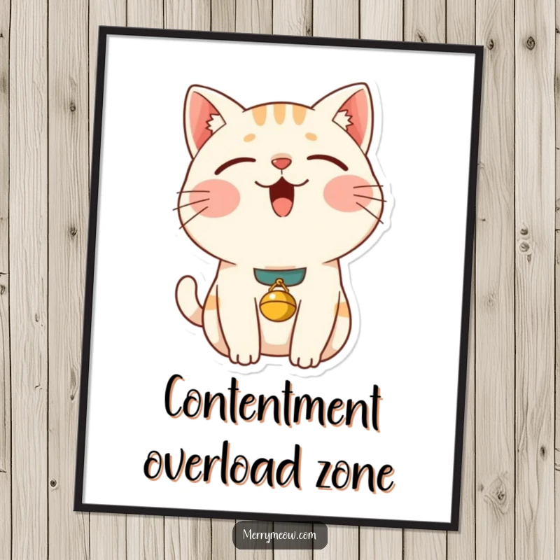 Funny content cat digital art print of a purring cat with a bell collar, conveying warmth and humor, ideal for instant wall decoration.