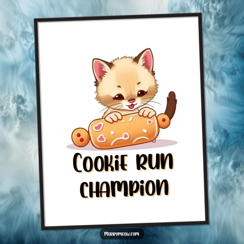 Funny digital art print of an excited Siamese kitten playing with a rolling gingerbread cookie, perfect for instant wall decor.