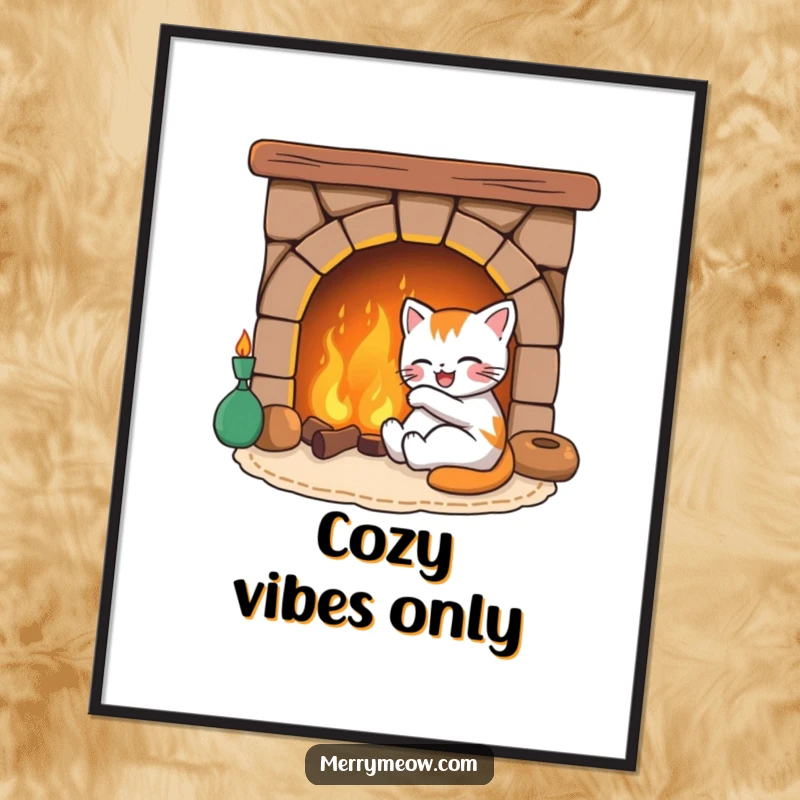 Funny digital art of a content, joyful cat character snuggled by a bright, warm fireplace, perfect for instant wall decor and humor.
