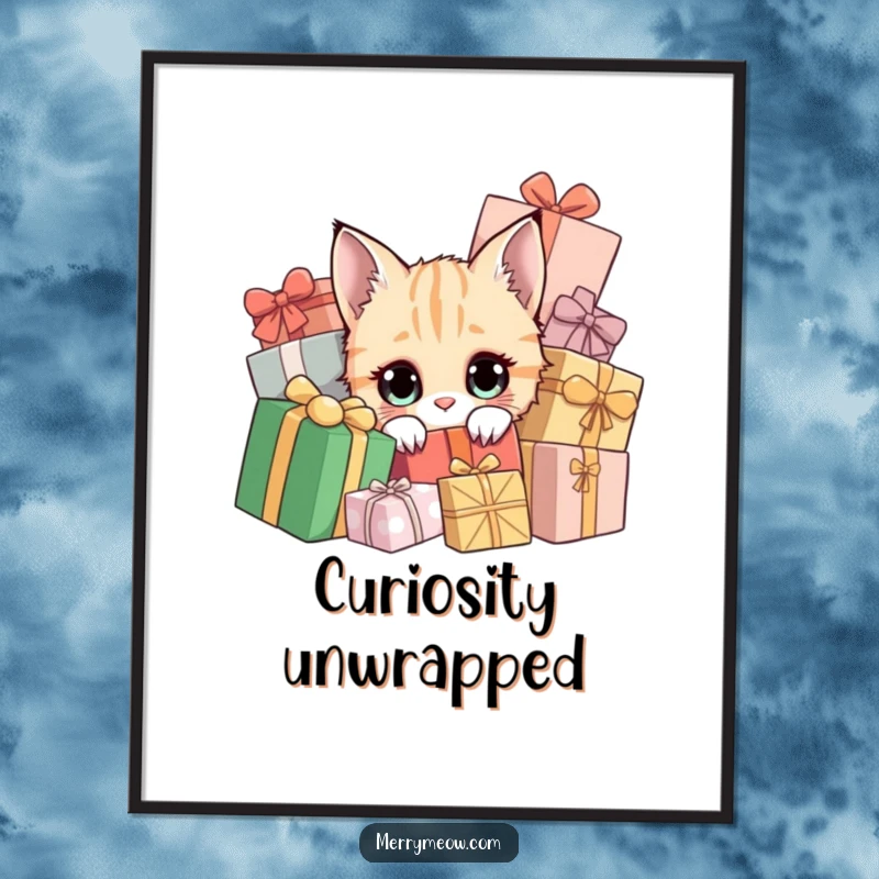 Funny digital art print of a curious cat peeking from holiday presents, downloadable festive art.