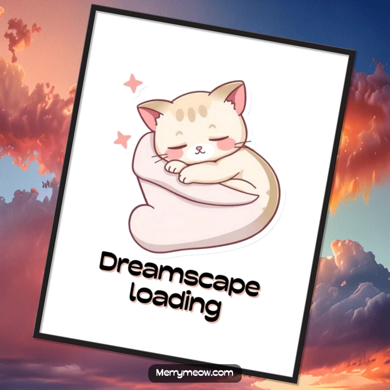 Funny Digital Art Print: A hilariously sleepy cat is curled up snugly inside a stocking, dreaming sweet, peaceful dreams.