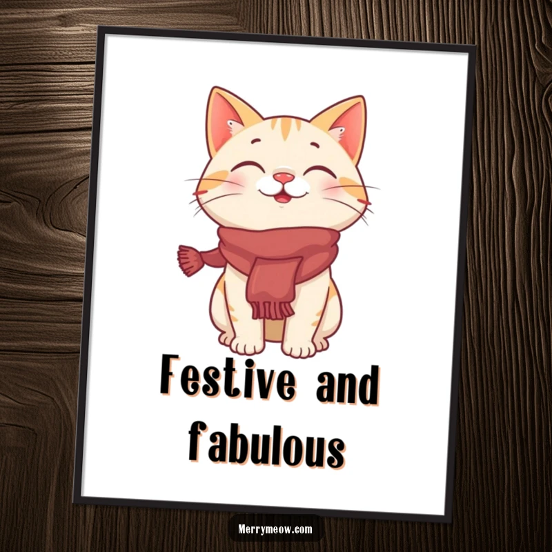 Funny digital art of a giggling cat character wearing a festive scarf, bringing playful holiday cheer to any room.
