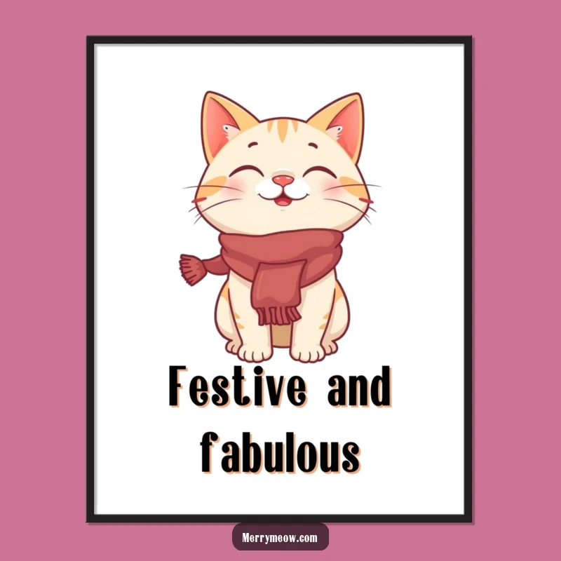 Funny Giggling Cat Festive Scarf Digital Art Print, Whimsical Holiday Decor Gift