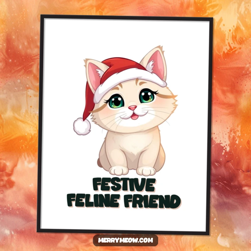 Funny Christmas cat wearing a Santa hat, presented as a downloadable digital art print for instant wall decor.
