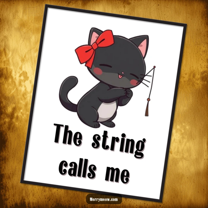 Funny Digital Art Print: A black cat with a red ribbon playfully bats at a dangling string, exuding hilarious feline energy.