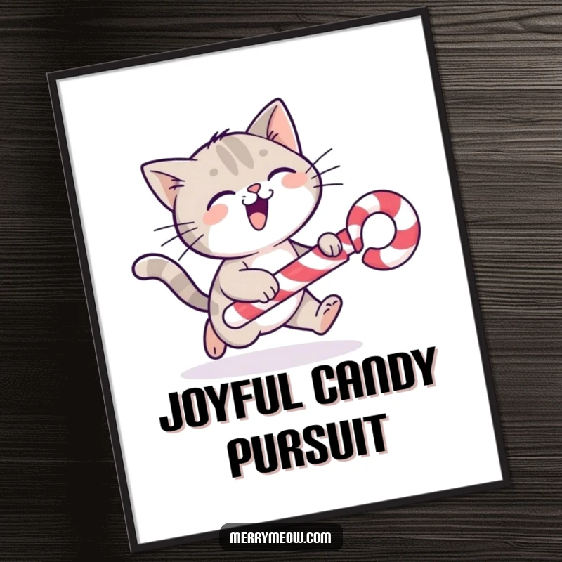 Funny cat character gleefully chasing a candy cane, available as a high-resolution digital art download.