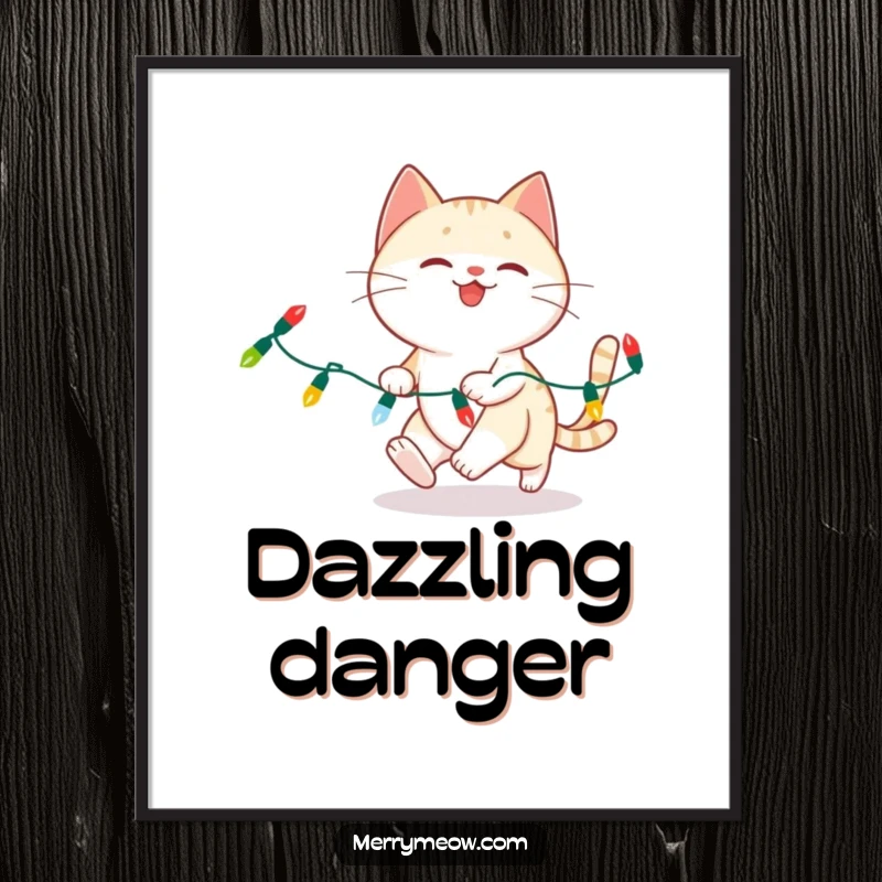 Funny cat tangled in Christmas lights as a digital art print, for instant holiday humor.