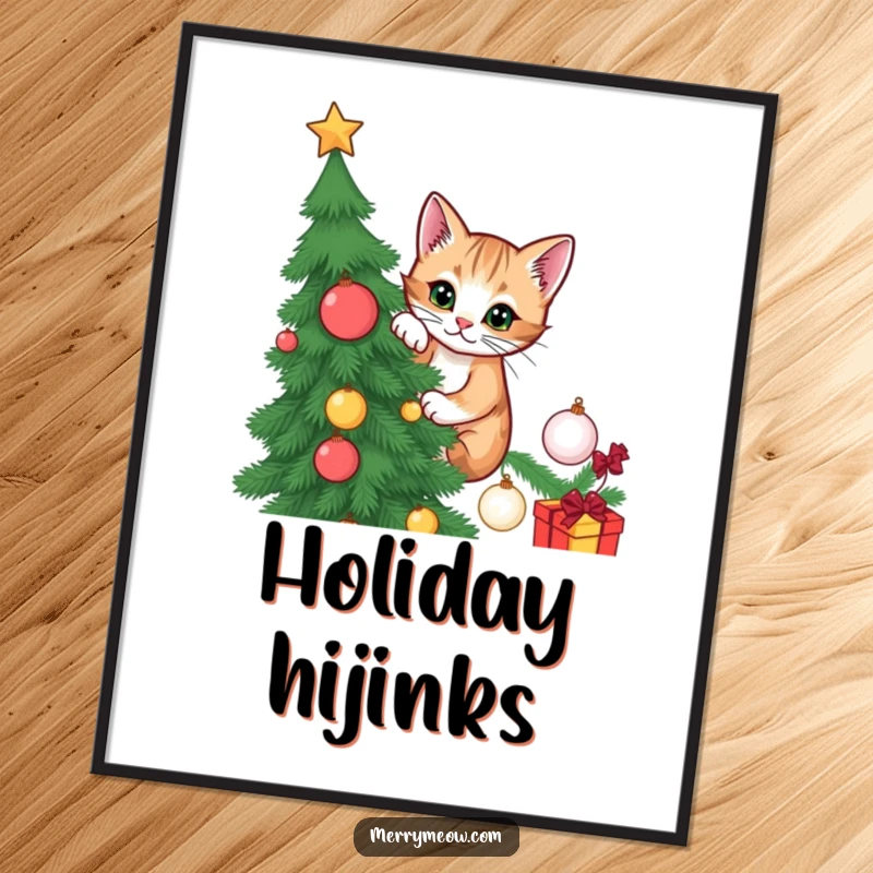 Funny digital art print of a mischievous cat climbing a Christmas tree, offering instant holiday cheer and humor.