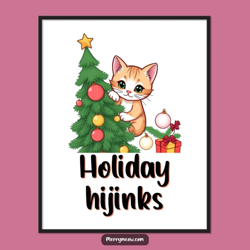 Funny Cat Christmas Tree Digital Art: Mischievous climber design, instant funny holiday gift download.