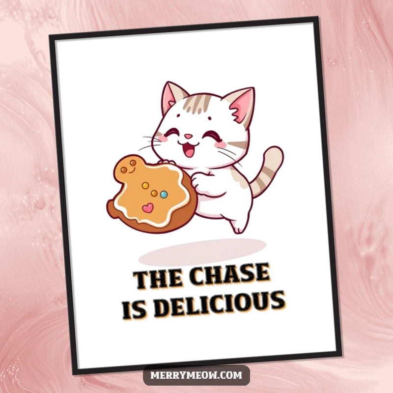 Funny Kawaii Cat Digital Art Print of a cute cat excitedly pouncing on a gingerbread cookie, lively and humorous.