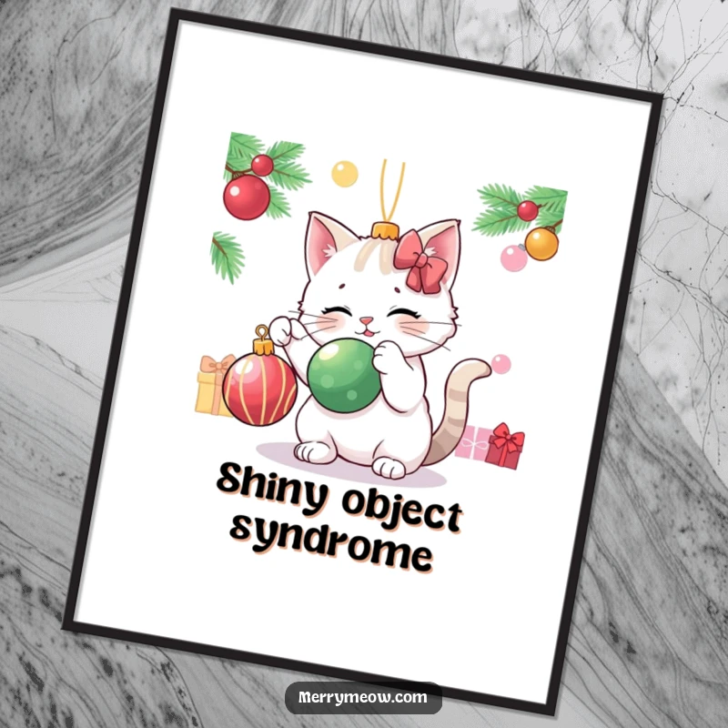 Funny cat character playfully batting a Christmas ornament, rendered as charming and festive digital art.