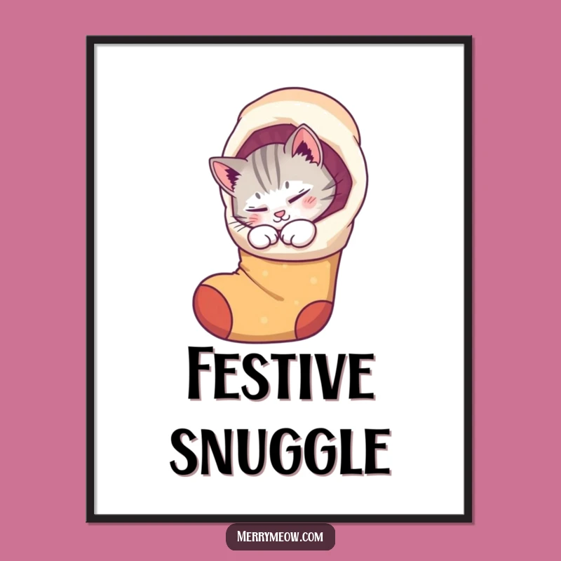 Funny Cat Stocking Digital Art: Purring kitty design, instant funny holiday gift download.