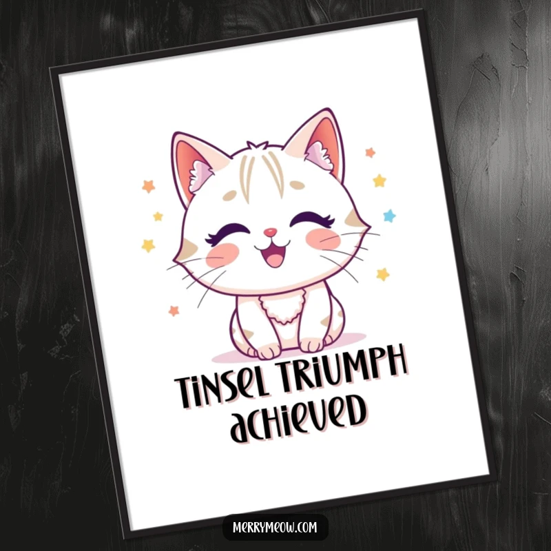 Funny cat character joyfully batting at tinsel, radiating festive holiday energy as a digital art print.